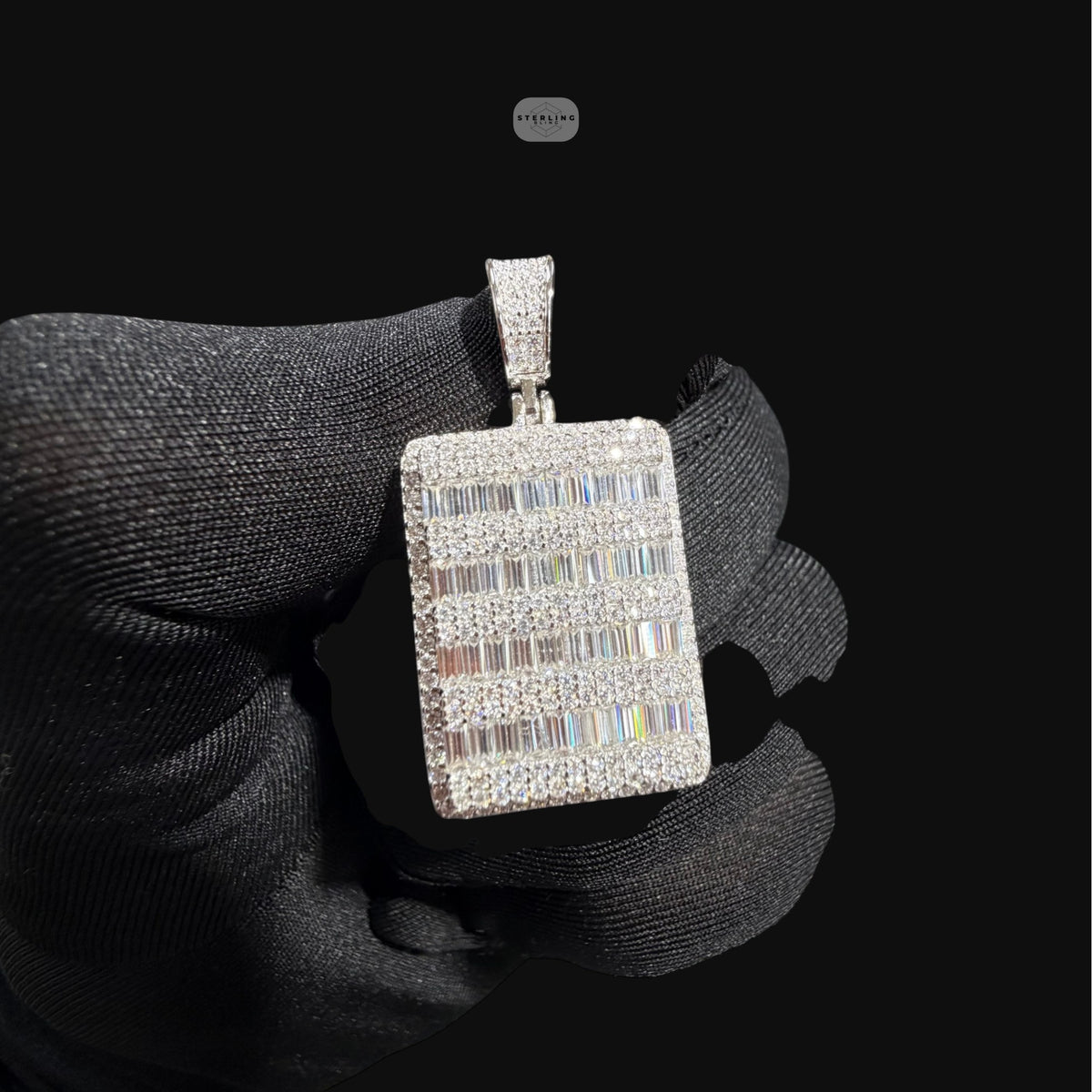Moissanite Baguette Dog Tag Pendant, 925 Silver Iced Out Hip Hop Necklace, GRA Certified w 24" Chain