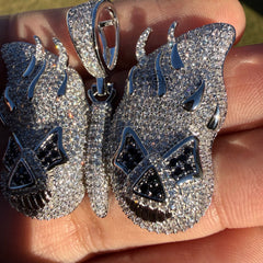 14K White Gold Iced Out Butterfly Skull Pendant | CZ Diamond Hip Hop Gothic Necklace with Free Chain