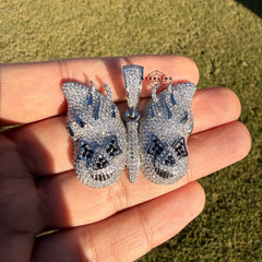 14K White Gold Iced Out Butterfly Skull Pendant | CZ Diamond Hip Hop Gothic Necklace with Free Chain