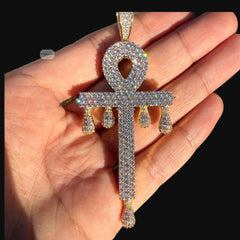 Big Iced Out Ankh Drip Pendant | 14K Gold Plated Egyptian Cross Necklace, Hip Hop CZ Pendant with Free Rope Chain