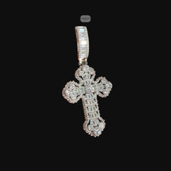 Moissanite Baguette Solitaire Cross Pendant, 925 Silver Iced Out Hip Hop Necklace, GRA Certified w 24" Chain