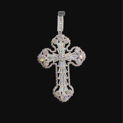 Large Baguette Cross Pendant | 14K White Gold Plated Silver Tone CZ Hip Hop Necklace with Free Rope Chain
