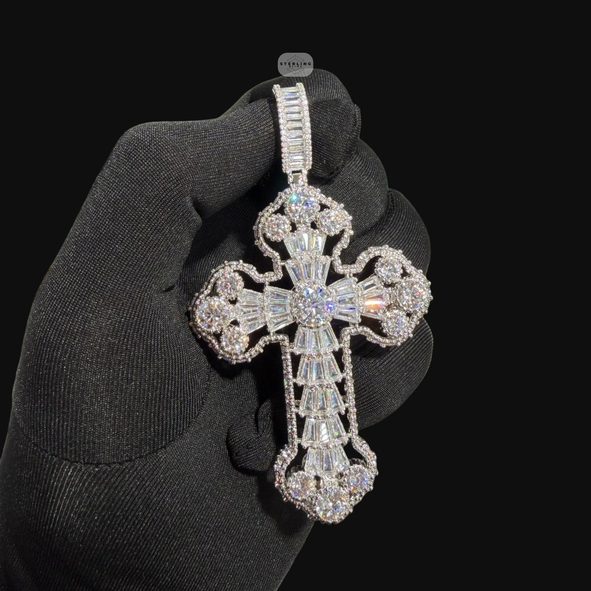 Large Baguette Cross Pendant | 14K White Gold Plated Silver Tone CZ Hip Hop Necklace with Free Rope Chain