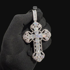 Large Baguette Cross Pendant | 14K White Gold Plated Silver Tone CZ Hip Hop Necklace with Free Rope Chain