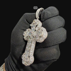 Large Baguette Cross Pendant | 14K White Gold Plated Silver Tone CZ Hip Hop Necklace with Free Rope Chain