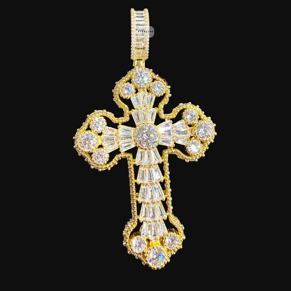Large Baguette Cross Pendant | 14K Gold Plated Iced Out CZ Hip Hop Necklace with Free Rope Chain