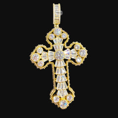 Large Baguette Cross Pendant | 14K Gold Plated Iced Out CZ Hip Hop Necklace with Free Rope Chain