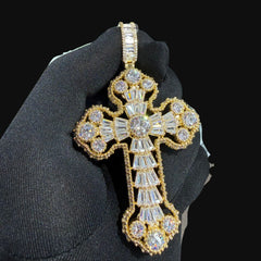 Large Baguette Cross Pendant | 14K Gold Plated Iced Out CZ Hip Hop Necklace with Free Rope Chain