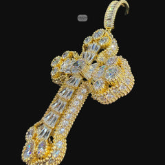 Large Baguette Cross Pendant | 14K Gold Plated Iced Out CZ Hip Hop Necklace with Free Rope Chain