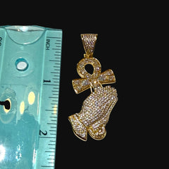 14K Gold Iced Out Praying Hands Ankh Pendant | CZ Diamond Hip Hop Religious Necklace with Free Chain