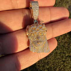 Moissanite Small Jesus Head Gold Tone + Steel Rope Chain