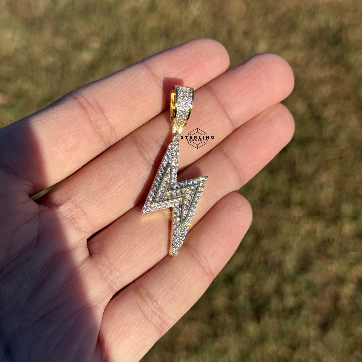 Lightening Bolt Gold Tone Iced Pendant + Steel Rope Chain