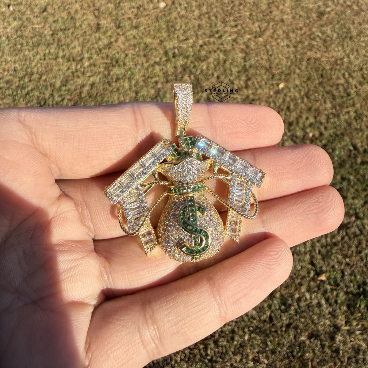 Moneybag Iced 14k Gold Plated Pendant + Steel Rope Chain