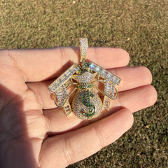 Moneybag Iced 14k Gold Plated Pendant + Steel Rope Chain