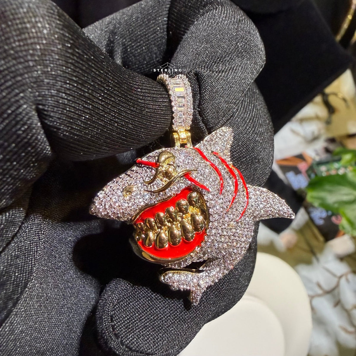 Shark Iced Out Pendant CZ Diamond Teeth Hip Hop Bling + Rope Chain