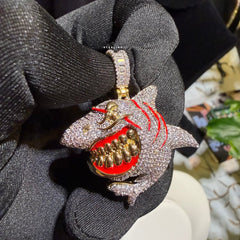 Shark Iced Out Pendant CZ Diamond Teeth Hip Hop Bling + Rope Chain