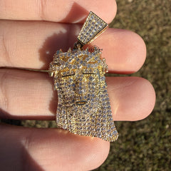 Jesus Head Gold Tone Iced Pendant + Steel Rope Chain