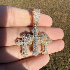 Triple Cross Gold Tone Iced Pendant + Steel Rope Chain