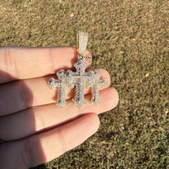 Triple Cross Gold Tone Iced Pendant + Steel Rope Chain