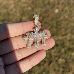 Triple Cross Gold Tone Iced Pendant + Steel Rope Chain