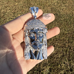 Jesus Face Silver Tone Large Iced Pendant