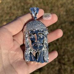 Jesus Face Silver Tone Large Iced Pendant