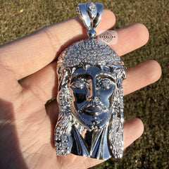 Jesus Face Silver Tone Large Iced Pendant
