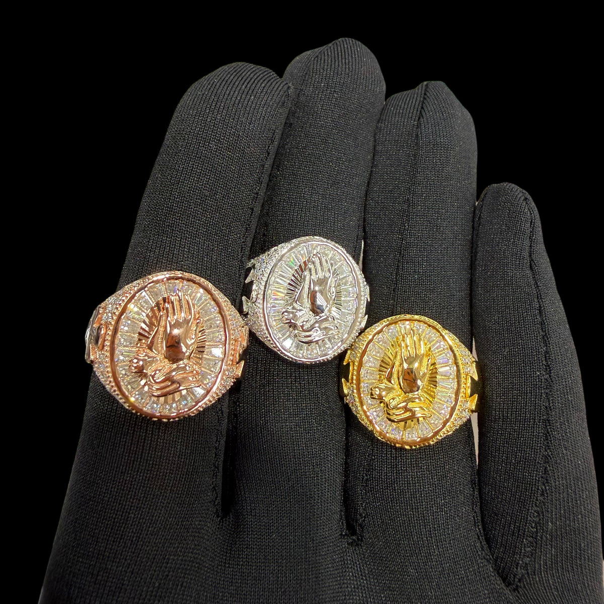 Moissanite Baguette Prayer Hands Cross Ring, Men's 925 Silver Iced Out Hip Hop Ring, Gold Rose Silver