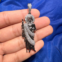 St. Jude 14K White Gold Plated Iced CZ Pendant + Steel Rope Chain