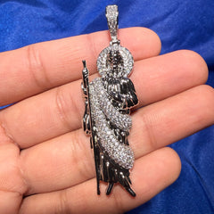St. Jude 14K White Gold Plated Iced CZ Pendant + Steel Rope Chain