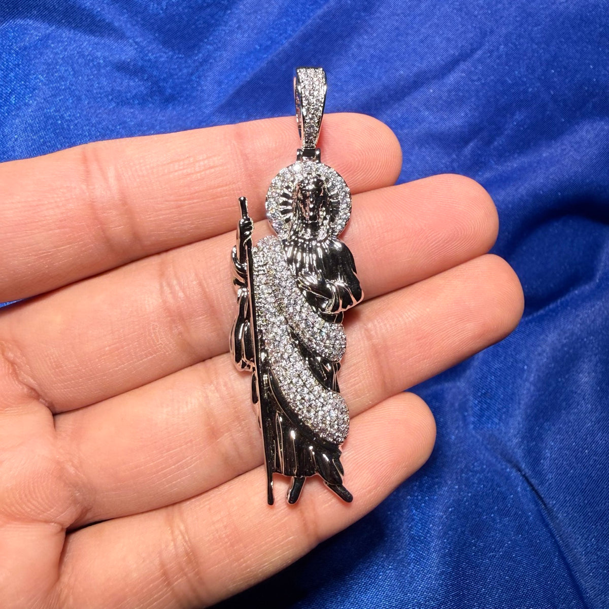 St. Jude 14K White Gold Plated Iced CZ Pendant + Steel Rope Chain