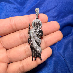 St. Jude 14K White Gold Plated Iced CZ Pendant + Steel Rope Chain