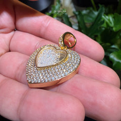14k Gold Plated Iced Out Heart with Beads Pendant + Steel Rope Chain