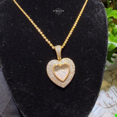 14k Gold Plated Iced Out Heart with Beads Pendant + Steel Rope Chain