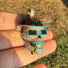 Iced Out Skull Pirate Pendant, 14k Gold Plated CZ Diamonds Glow in The Dark, Steel Rope Chain