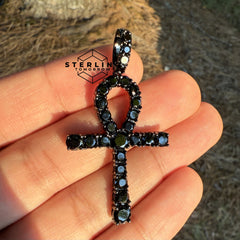14K Black Plated Iced Out Ankh Necklace | Hip Hop Jewelry | Bling Crystal Ankh Pendant w/ Rope Chain | Streetwear Egyptian Cross
