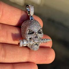 Iced Skull Pendant Bullet Design 14K White Gold Plated CZ Diamond Hip Hop Chain Skull Bling Necklace Mens Streetwear Jewelry Rope Chain