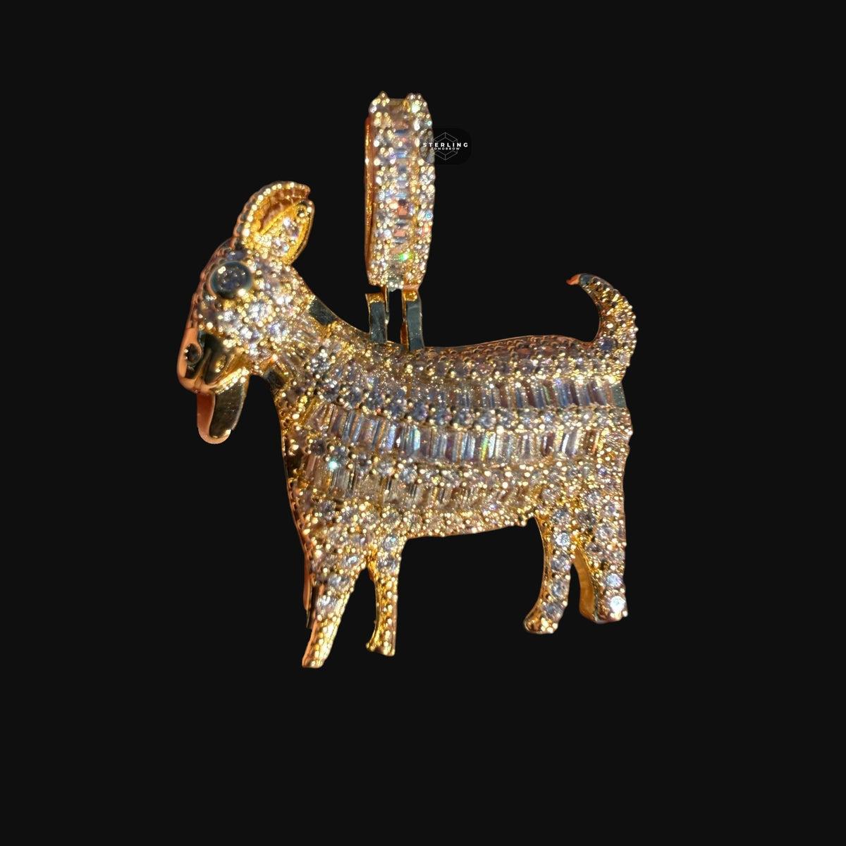 Iced Out Goat Pendant | 14K Gold Plated Baguette CZ Goat Necklace, Farm Animal Hip Hop Pendant with Free Rope Chain