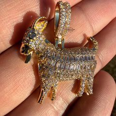 Iced Out Goat Pendant | 14K Gold Plated Baguette CZ Goat Necklace, Farm Animal Hip Hop Pendant with Free Rope Chain