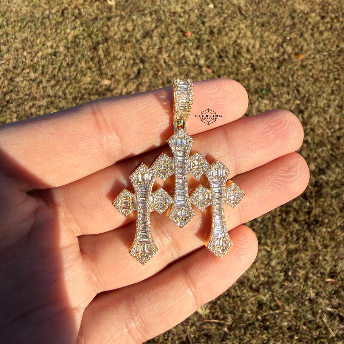 Triple Cross Baguette 14k Gold Plated Iced CZ Pendant + Free Steel Rope Chain