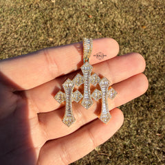 Triple Cross Baguette 14k Gold Plated Iced CZ Pendant + Free Steel Rope Chain