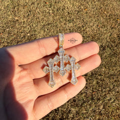 Triple Cross Baguette 14k Gold Plated Iced CZ Pendant + Free Steel Rope Chain