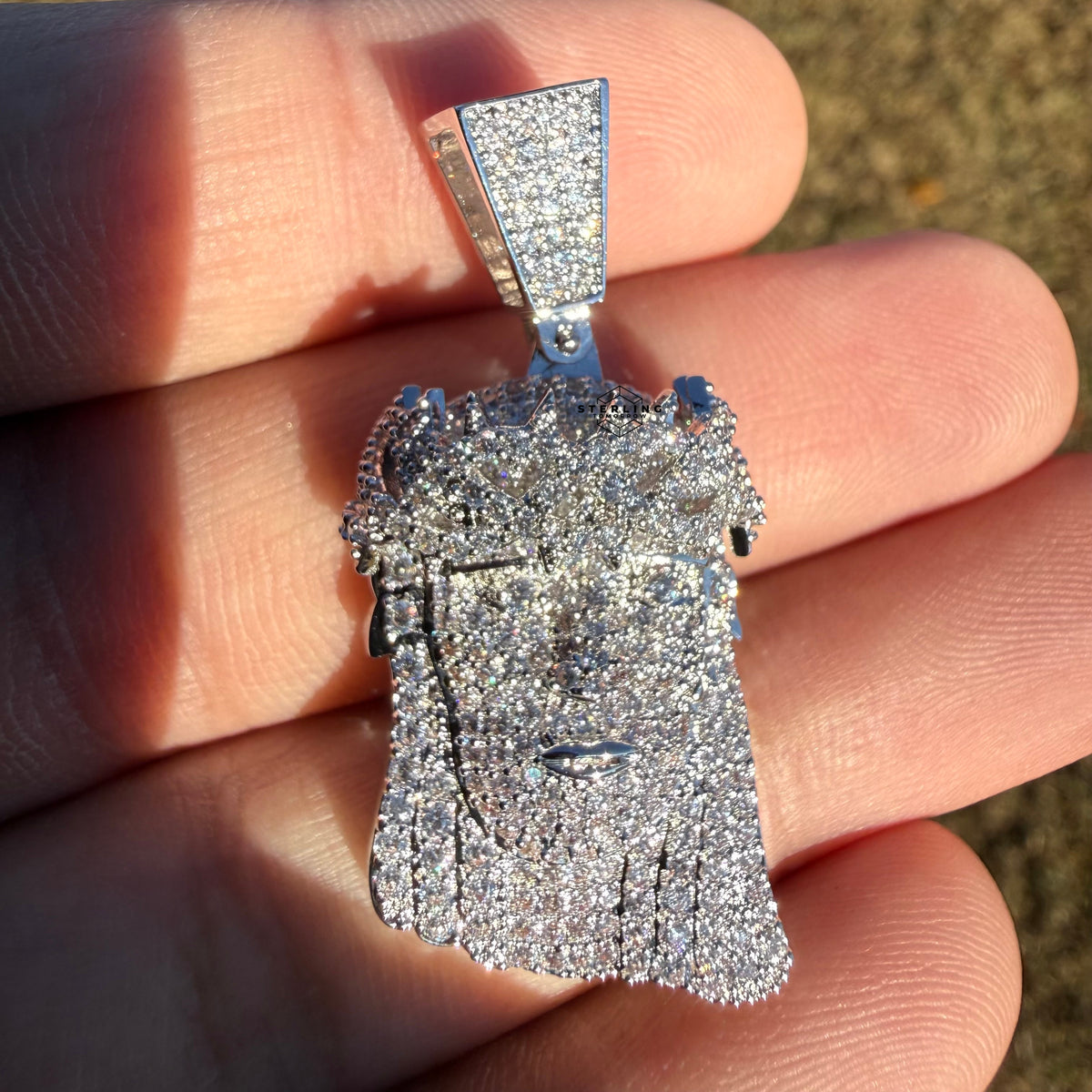 Small Jesus Head 14k White Gold Plated Iced CZ Pendant + Free Steel Rope Chain