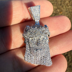 Small Jesus Head 14k White Gold Plated Iced CZ Pendant + Free Steel Rope Chain