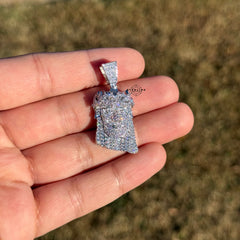 Small Jesus Head 14k White Gold Plated Iced CZ Pendant + Free Steel Rope Chain