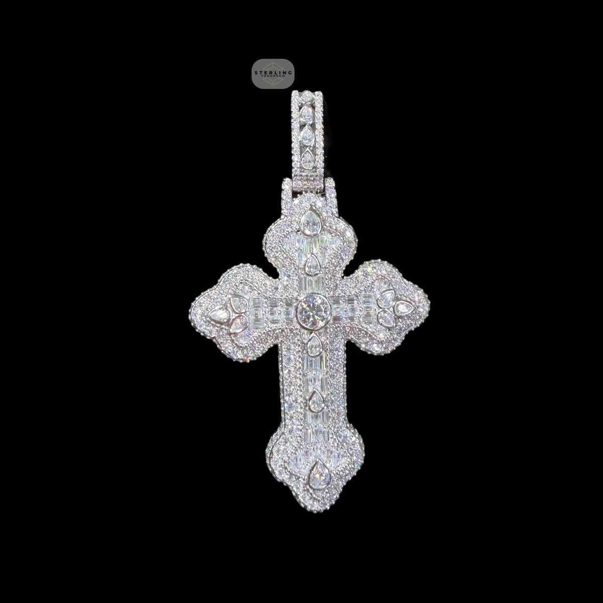 Moissanite Pear Baguette Cross Pendant, 925 Silver Iced Out Hip Hop Necklace