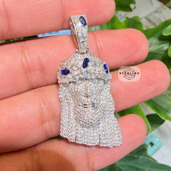 Moissanite Jesus Blue Crown 1.5" Pendant