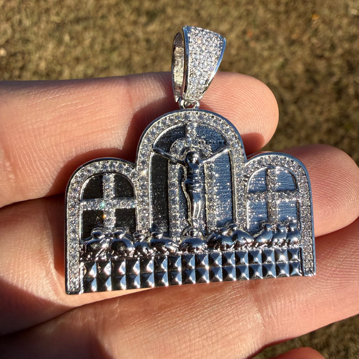 Last Supper 14k White Gold Plated Iced CZ Pendant + Free Steel Rope Chain