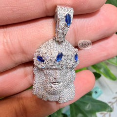 Moissanite Jesus Blue Crown 1.5" Pendant