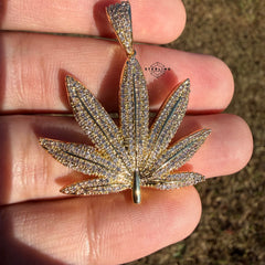 420 Iced Leaf Pendant 14k Gold Plated + Steel Rope Chain